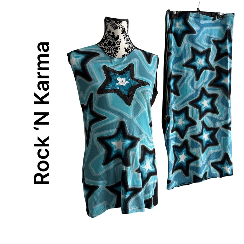 Rock 'N Karma Turquoise Star Hand painted reversible zip skirt with slit size XL